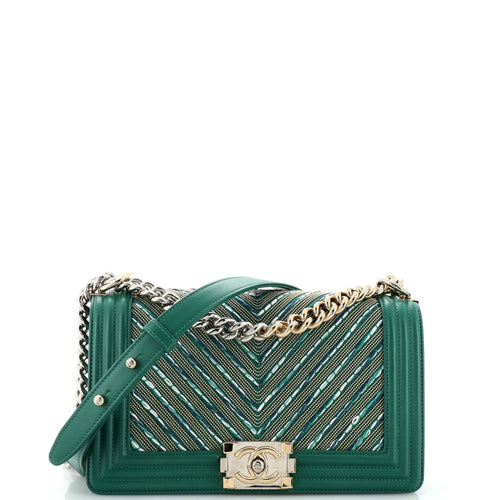 CHANEL Boy Flap Bag Studded Chevron Calfskin with Tweed Old Medium