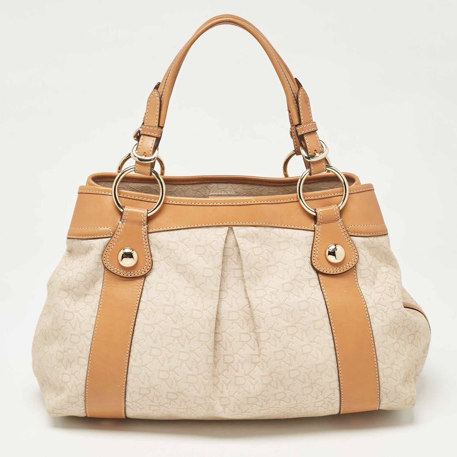 DKNY DKNY Beige/Brown Monogram Canvas and Leather Front Zip Tote