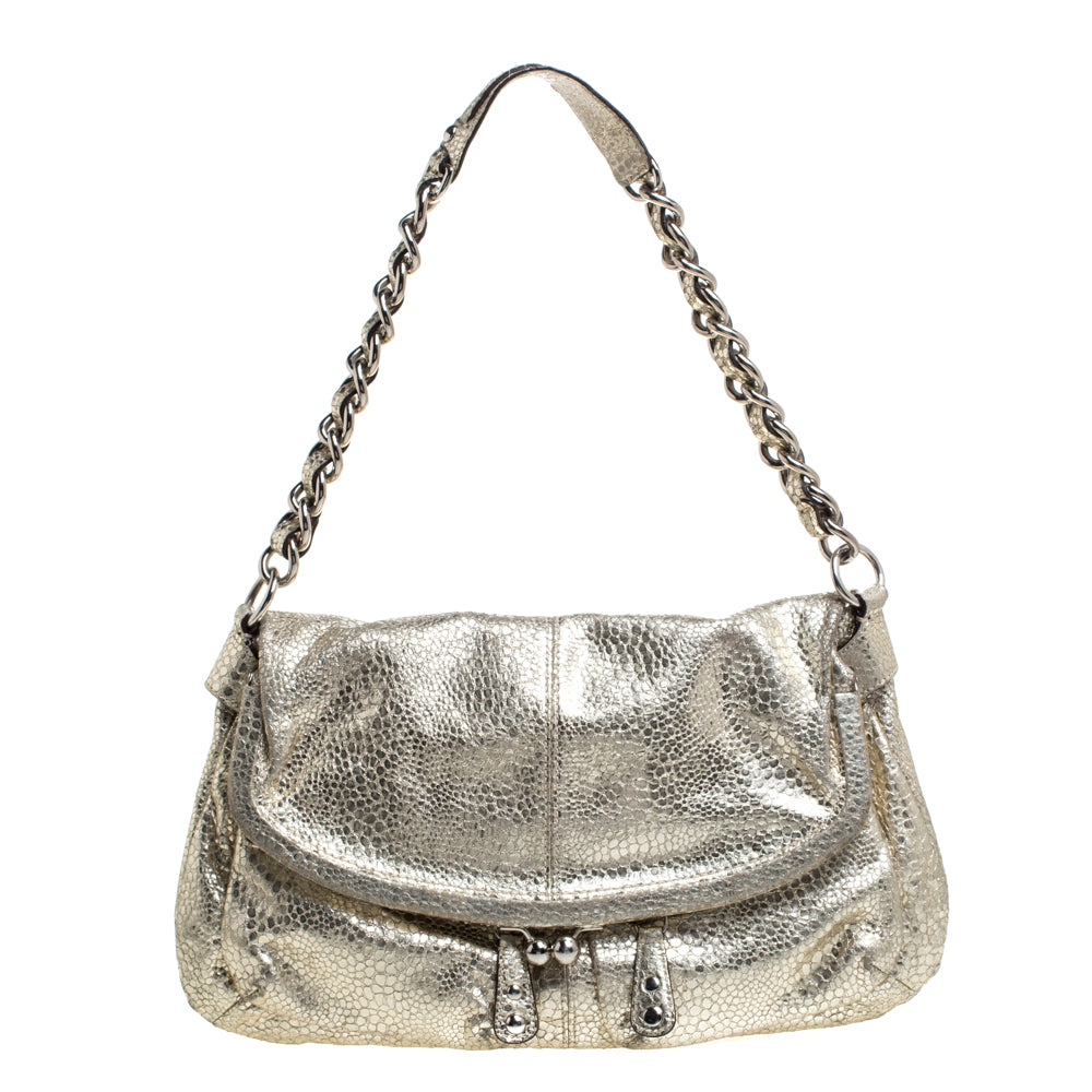 Coach Gold Textured Leather Frame Fold Over Hobo