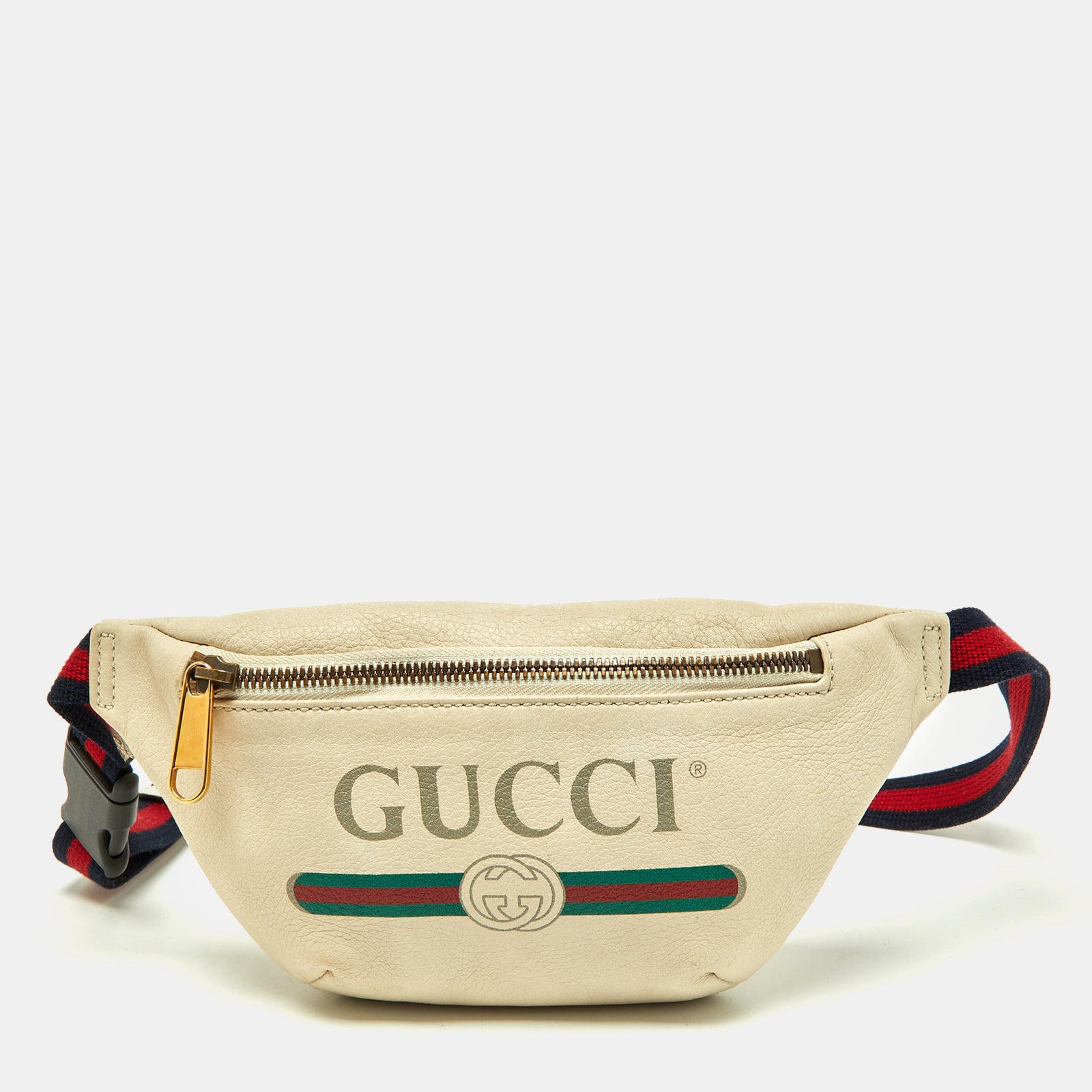 Gucci Cremefarbene Gürteltasche aus Leder mit Logo-Webmuster