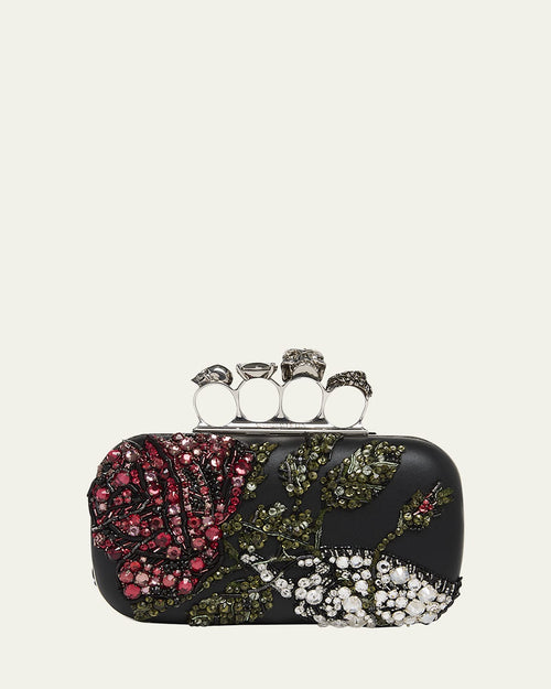Bead & Crystal Flower Skull Four Ring Clutch Bag
