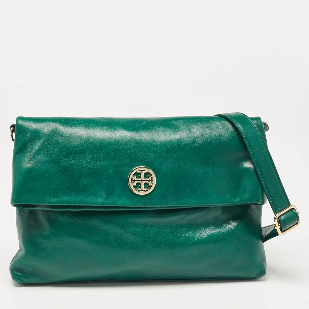 Green Leather Dena Fold Over Crossbody Bag