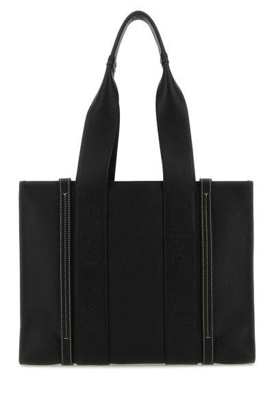 Chloé Women's Woody Leather Medium Tote in Black | Size UNI | CHC24SS383M40