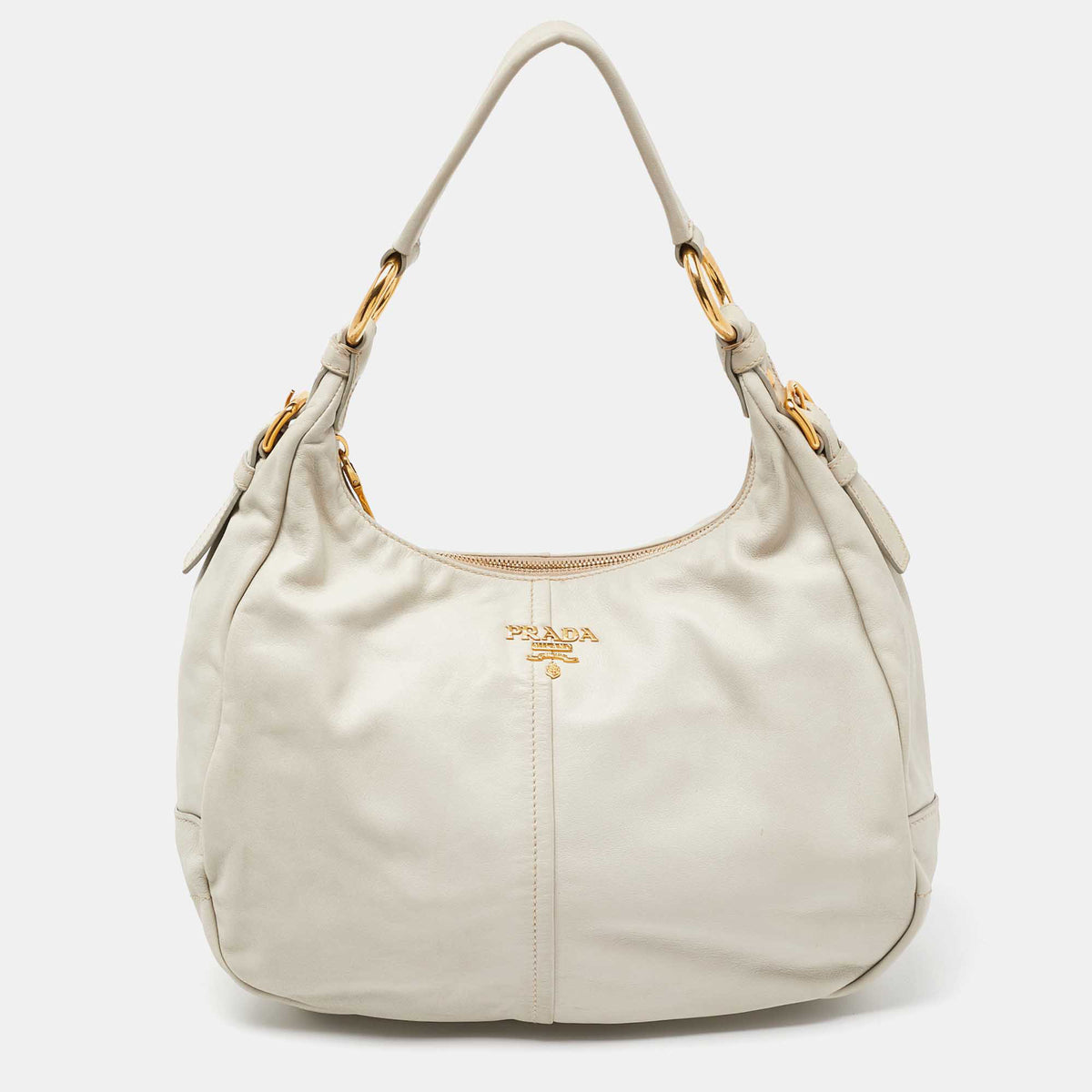 Prada Off White Vitello Daino Leather Zip Hobo