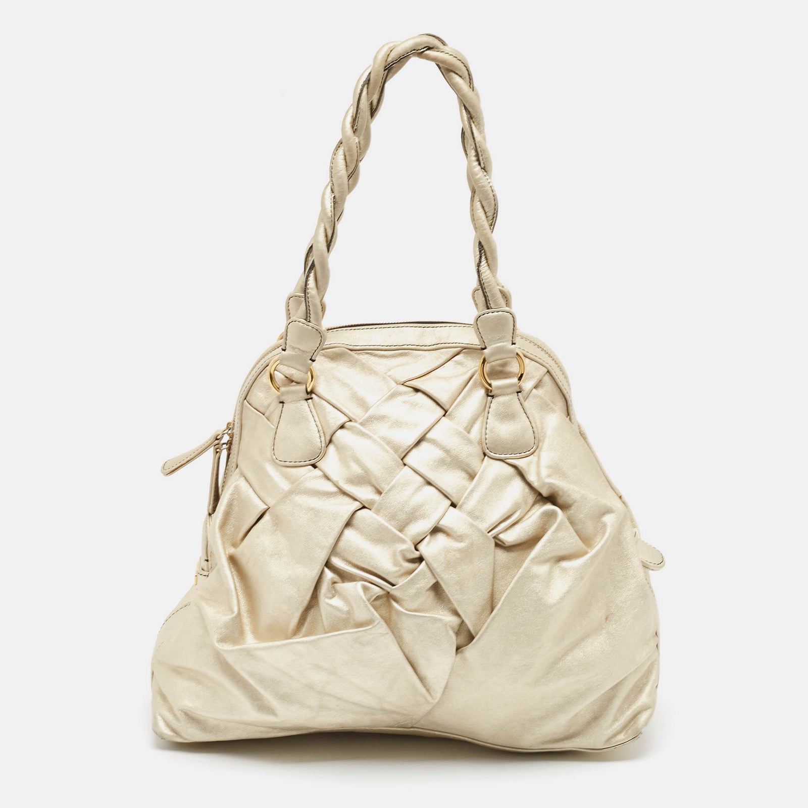 Valentino Light Gold Leather Braided Satchel