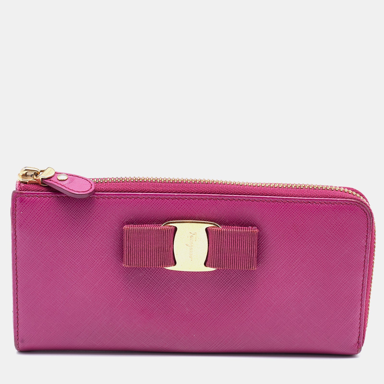 Salvatore Ferragamo Pink Saffiano Leather Vara Bow Zip Continental Wallet