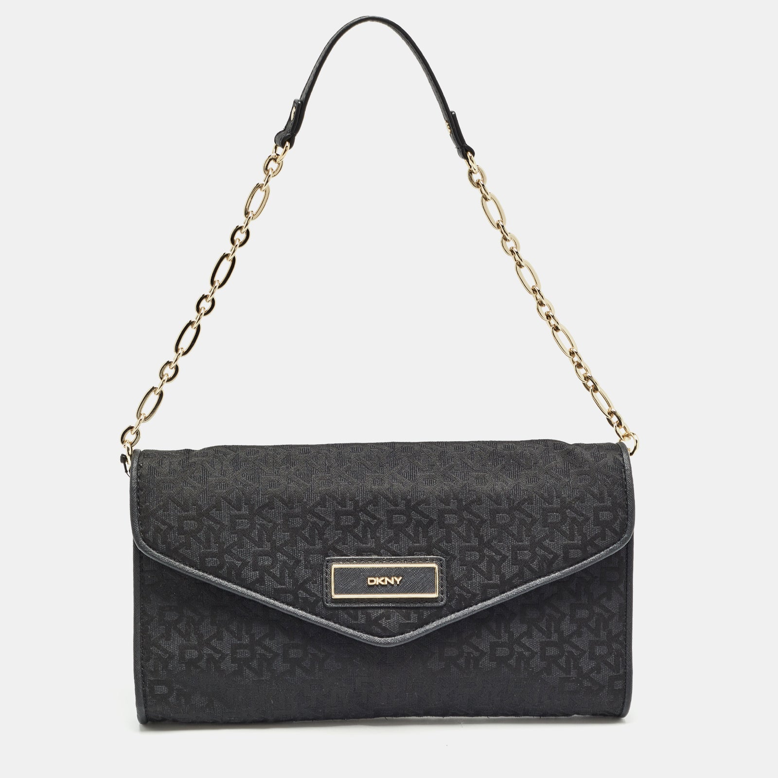 DKNY Black Monogram Canvas and Leather Envelope Flap Shoulder Bag