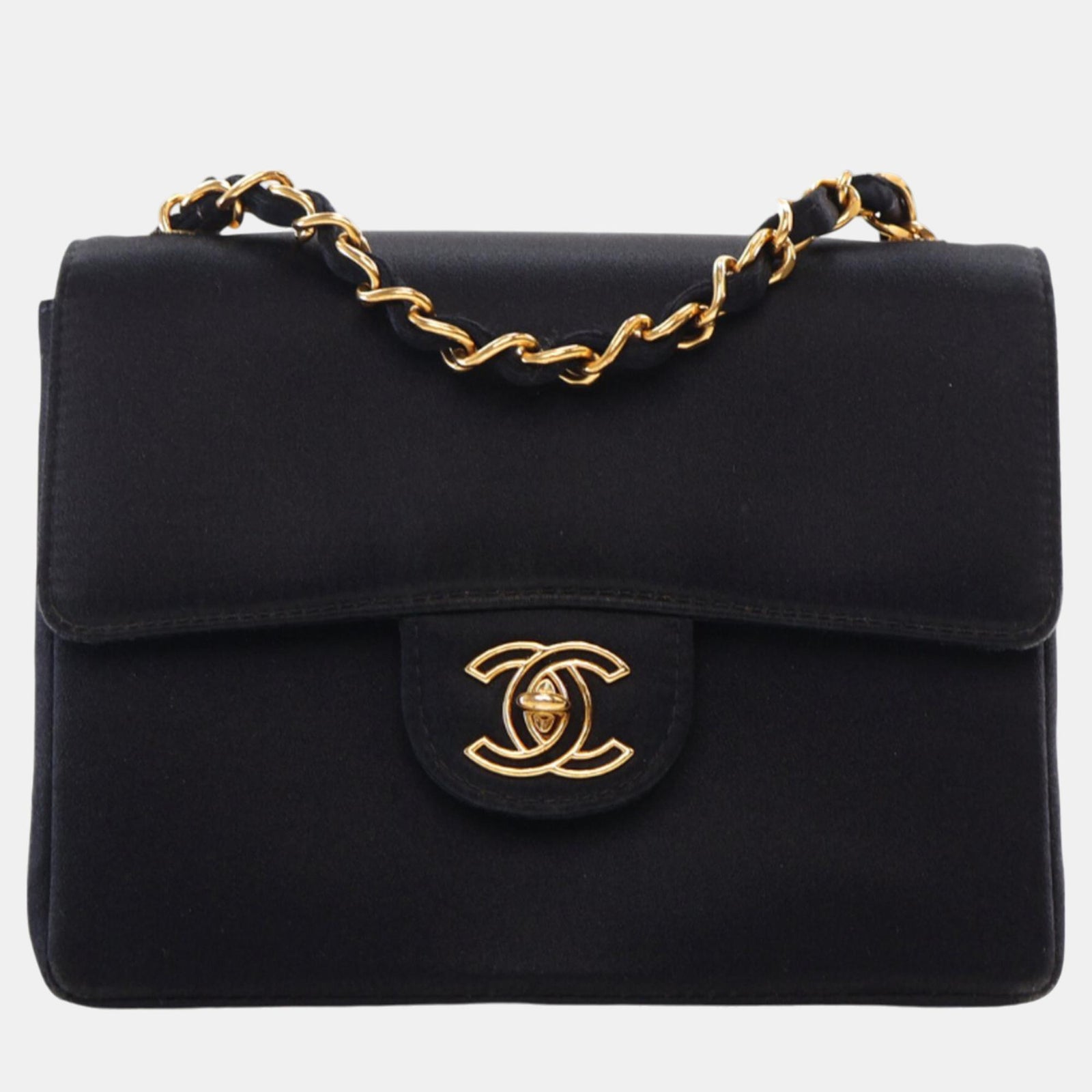 Chanel Mini sac carré classique à rabat simple en satin noir