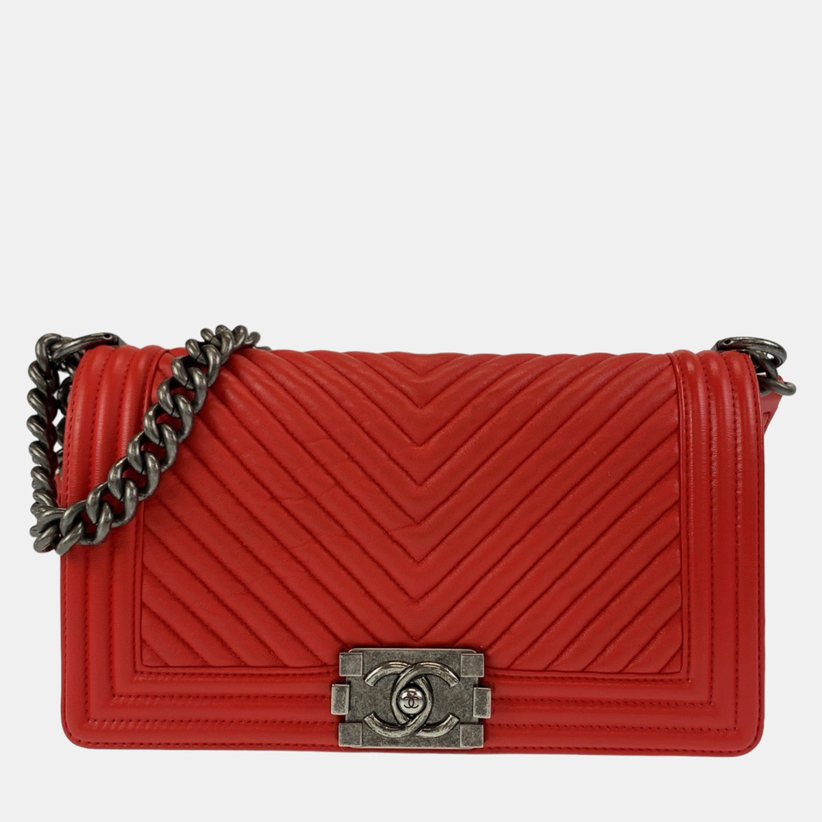 Chanel Red Leather Chevron Medium Boy Shoulder Bag