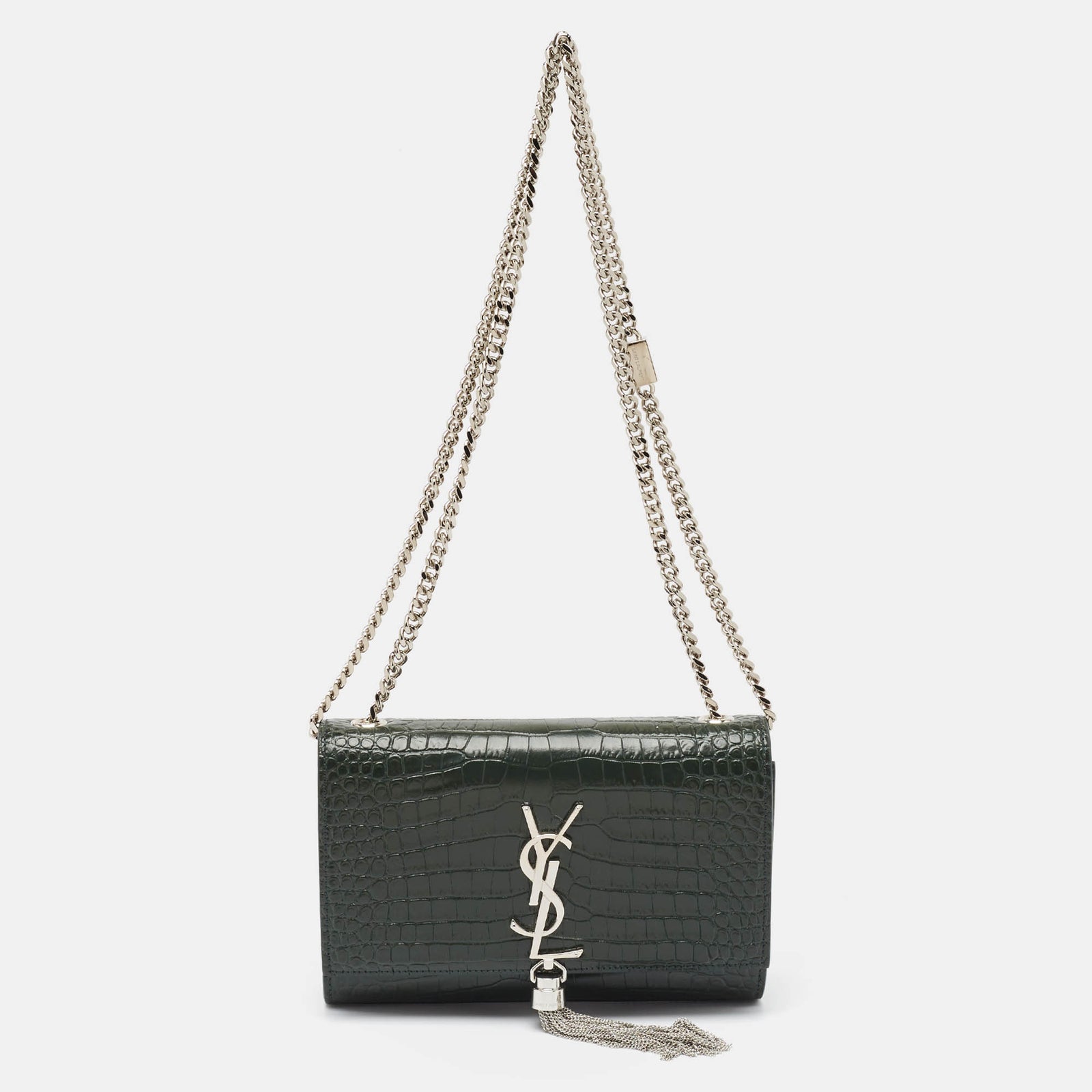 Saint Laurent Paris Saint Laurent Green Croc Embossed Leather New Small Kate Wallet on Chain