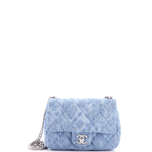 CHANEL Sweet Heart Chain Square Flap Bag Quilted Camellia Denim Mini