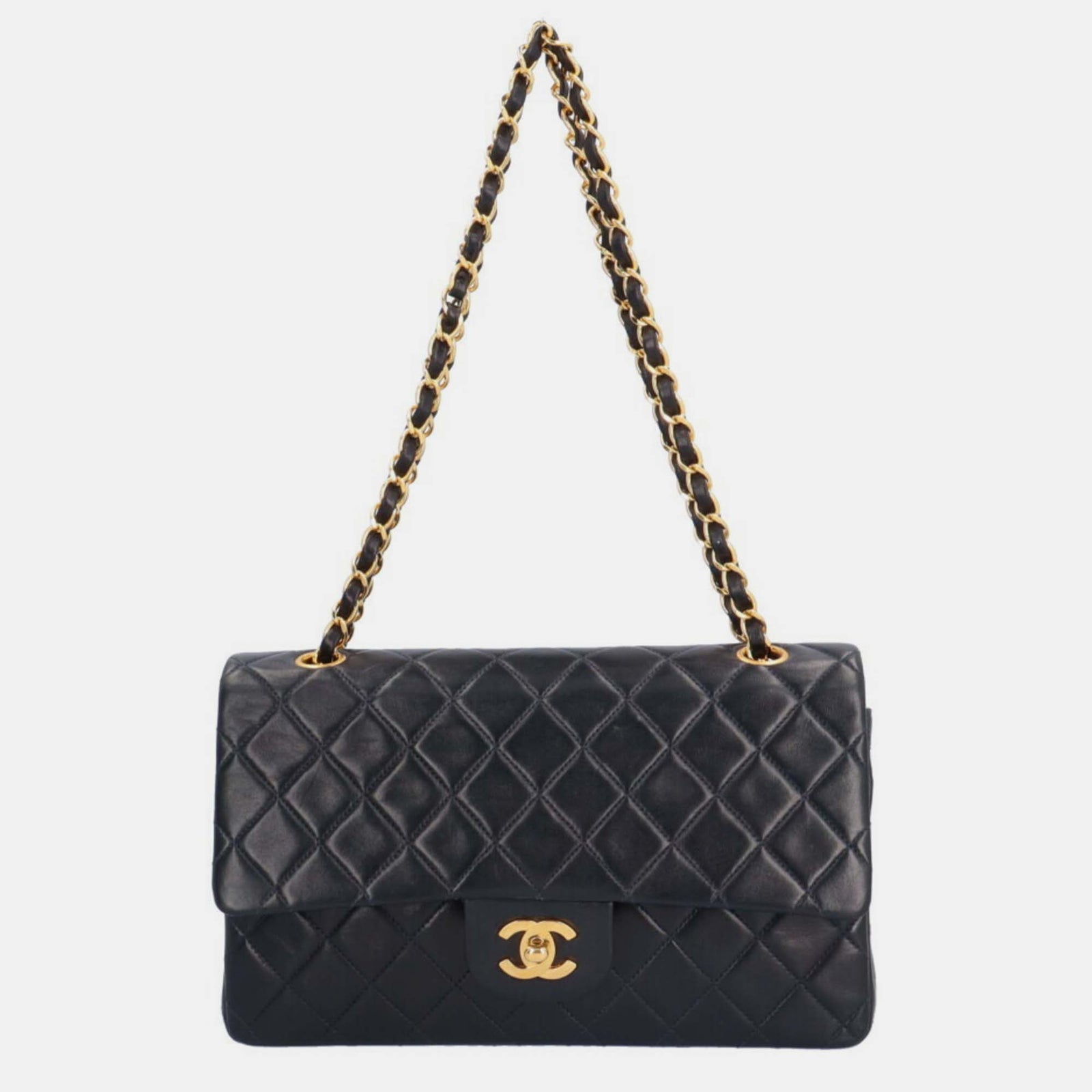 Chanel Klassische mittelgroße Schultertasche aus schwarzem Lammleder mit Doppelklappe