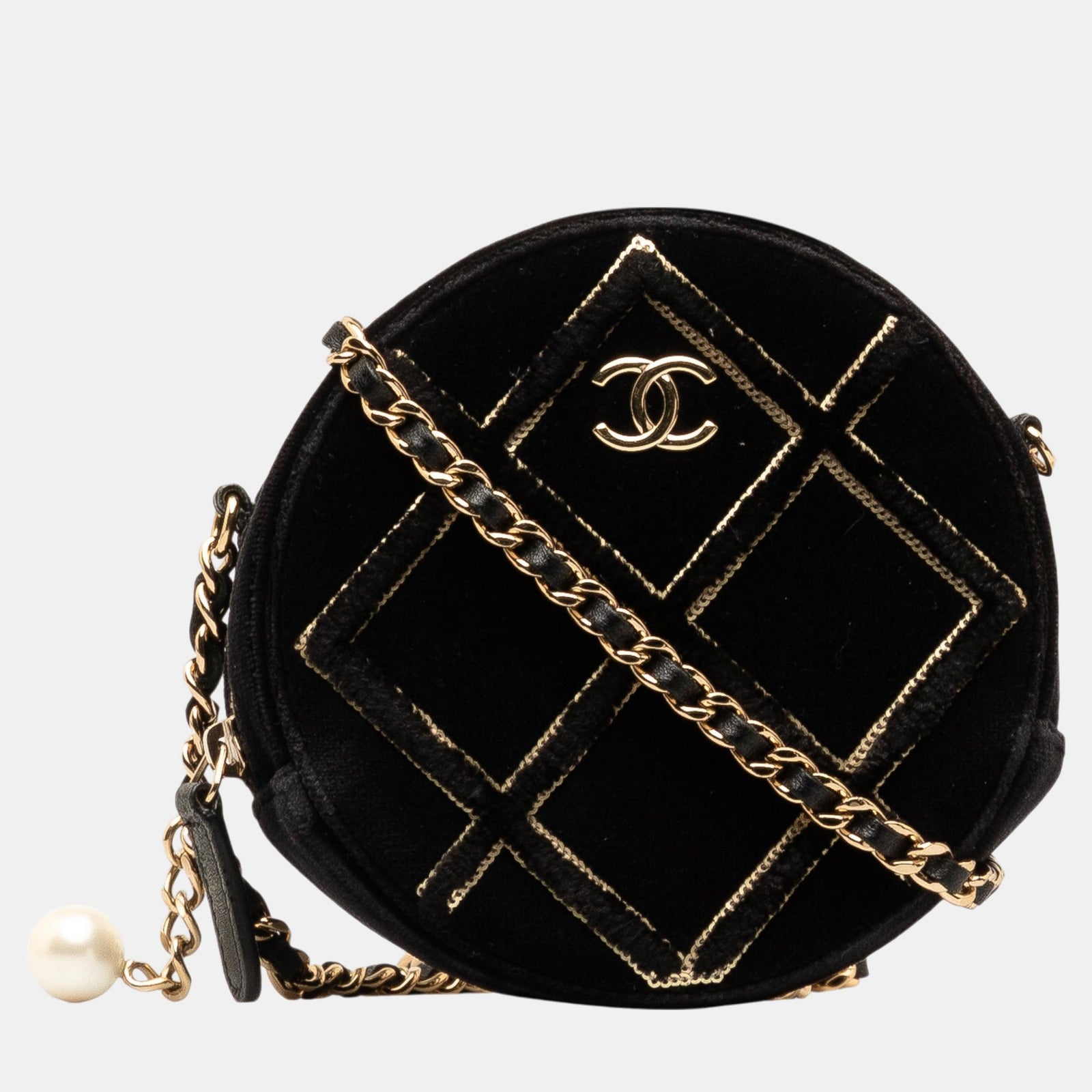 Chanel Sac à bandoulière rond en velours noir avec perles et sequins