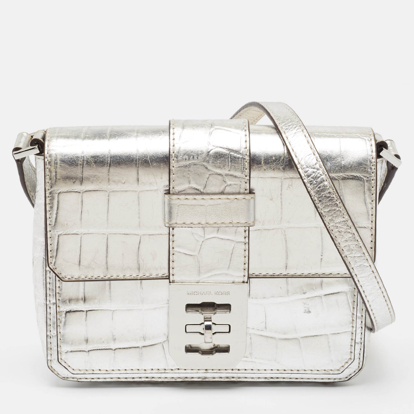 Michael Kors Silver Croc Embossed Leather Crossbody Bag