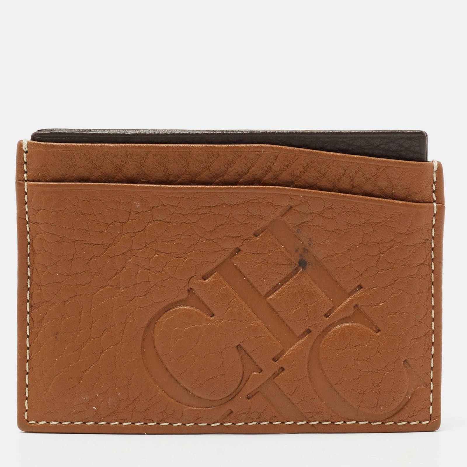 Ch Carolina Herrera Tan Monogram Embossed Leather Card Holder