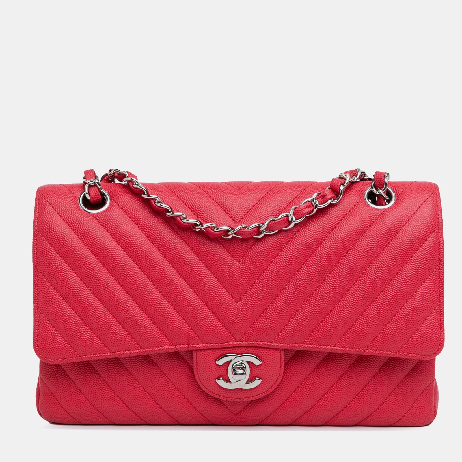 Chanel Mittelgroße klassische Caviar-Tasche mit Chevron-Muster und doppelter Überschlagklappe