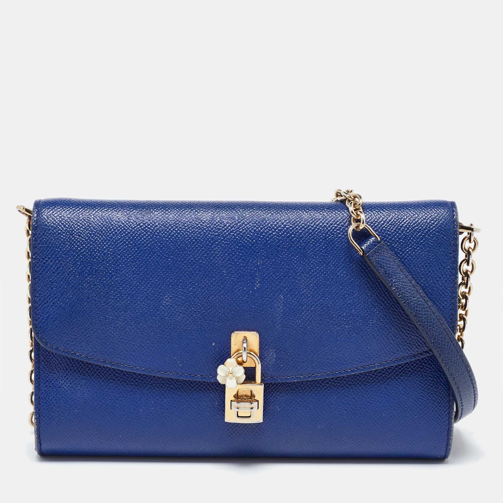 Dolce & Gabbana Sac à bandoulière en cuir bleu avec chaîne et cadenas