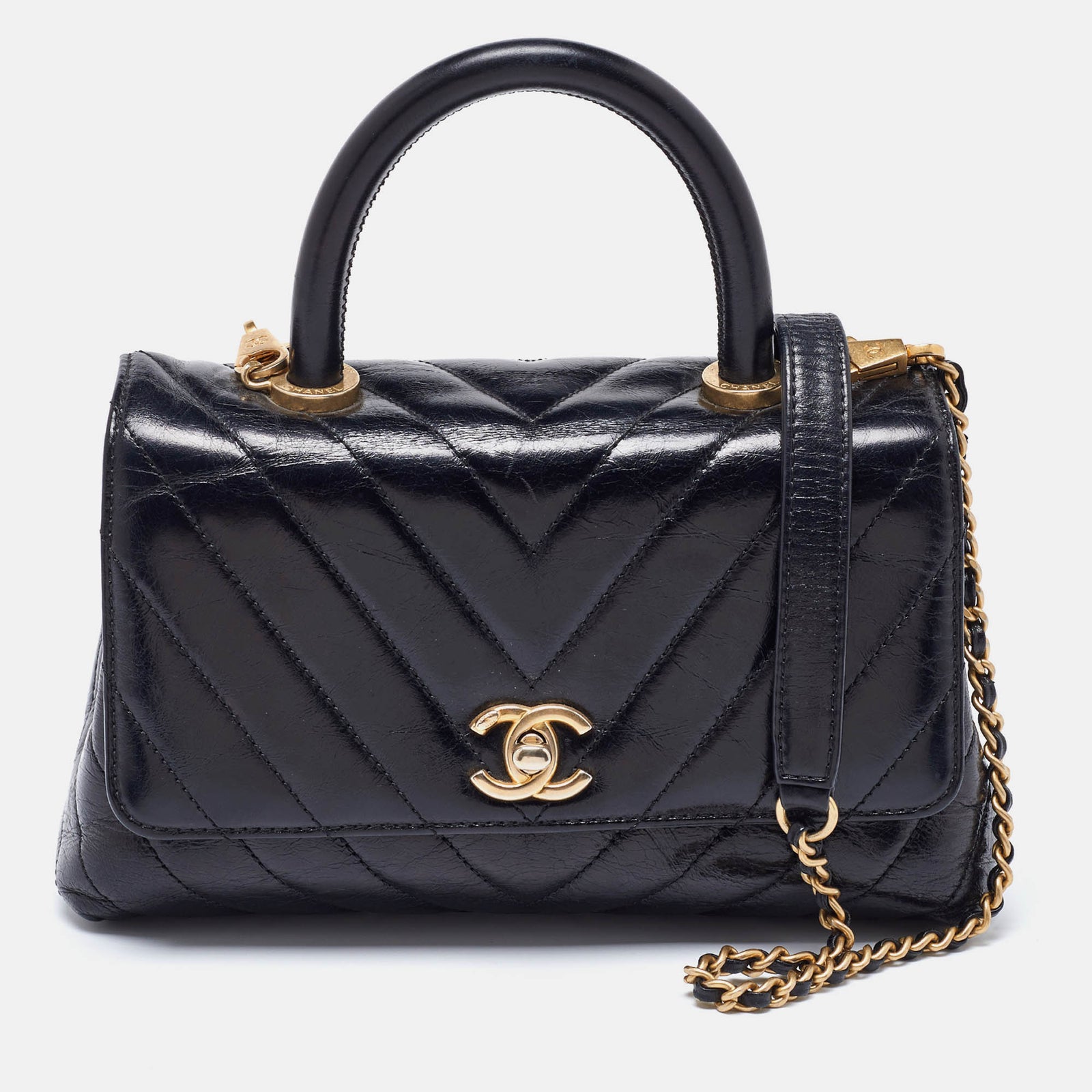 Chanel Black Chevron Glazed Leather Mini Coco Top Handle Bag