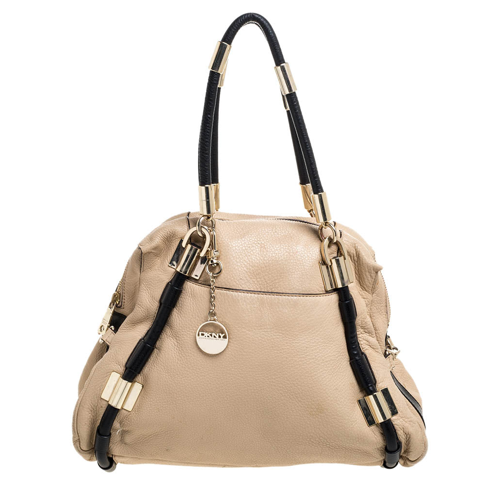 DKNY DKNY Beige/Black Leather Metal Detail Satchel