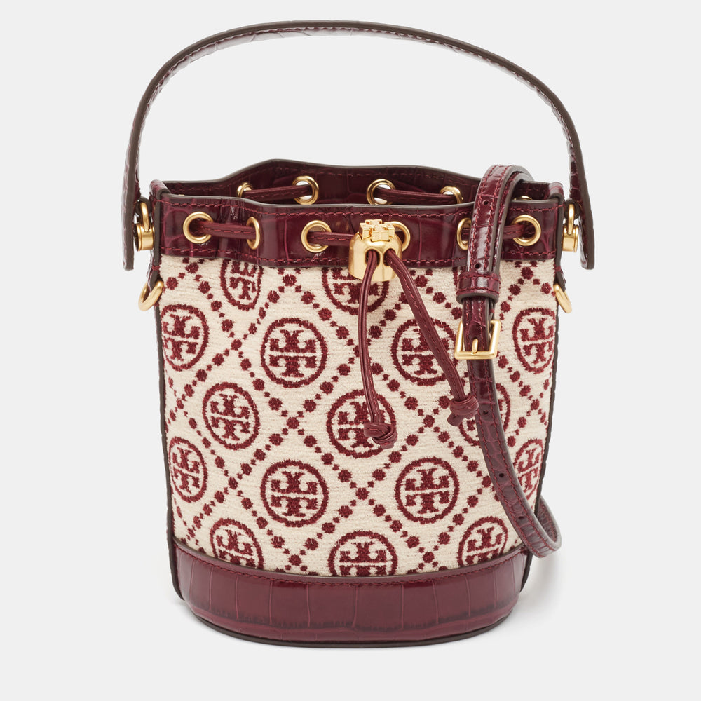 Claret/New Cream T Monoram Fabric Mini Chenille Bucket Bag