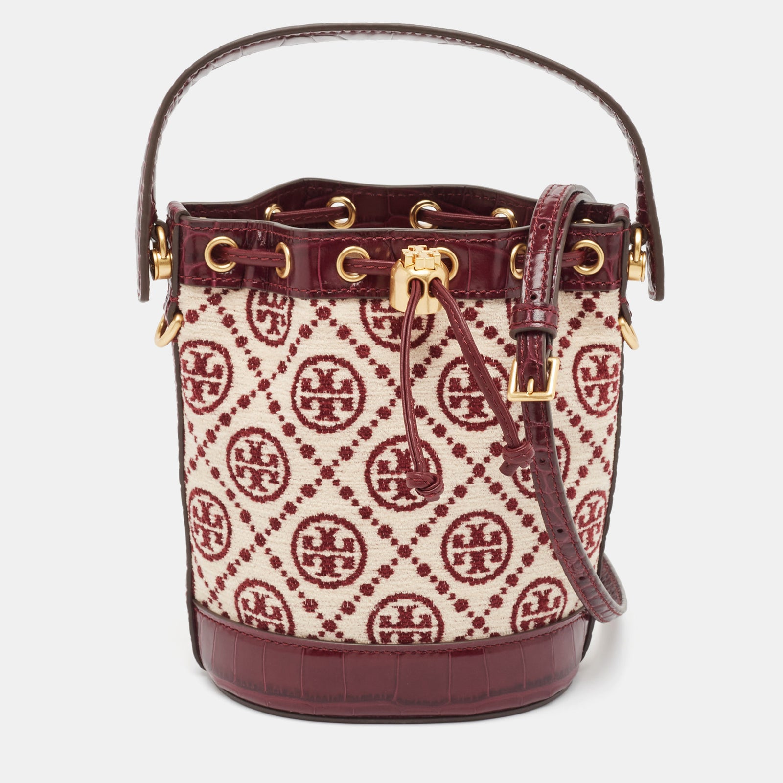 Tory Burch Mini-Beuteltasche aus Chenille mit T-Monoram-Stoff in Weinrot/New Cream