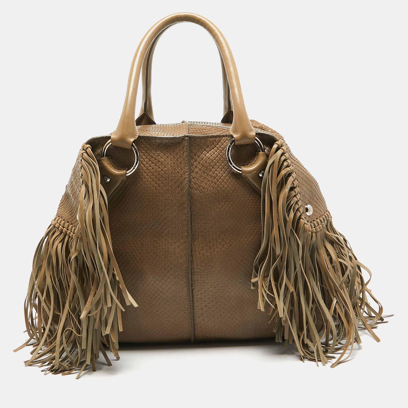 Tod's Beige Snakeskin and Leather Fringe Satchel