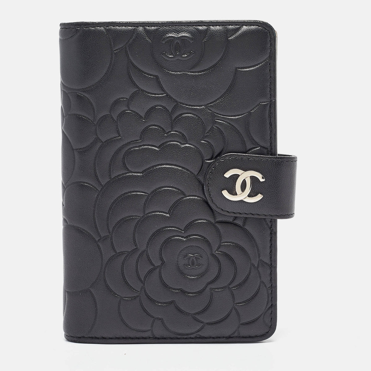 Chanel Black Leather CC Camellia French Wallet