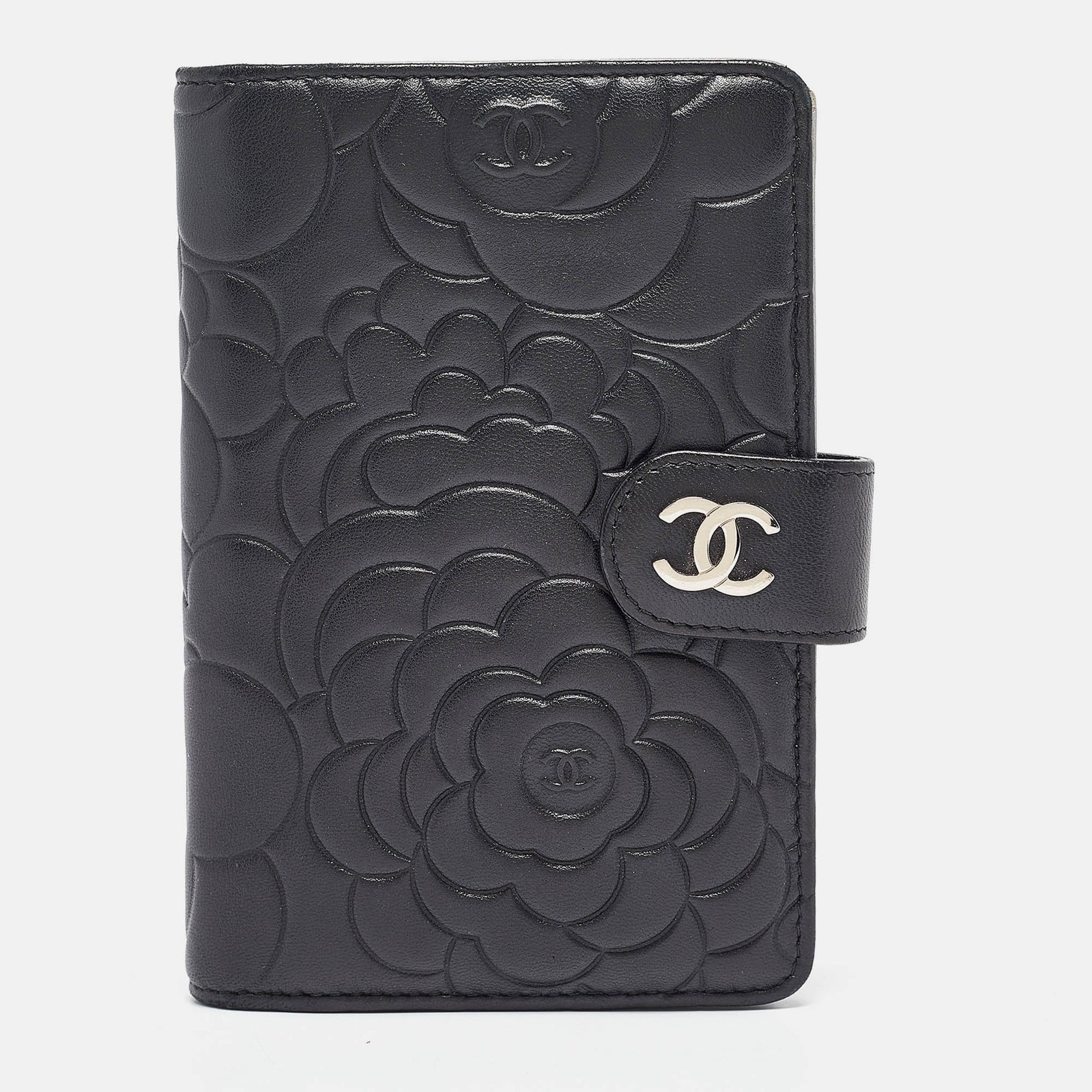 Chanel Portefeuille français Camellia CC en cuir noir