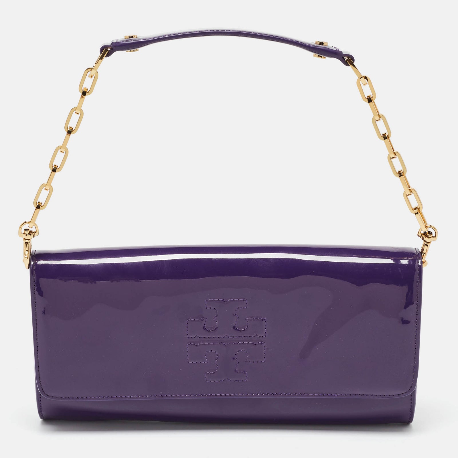 Tory Burch Purple Patent Leather Logo Embossed Flap Clutch Bag