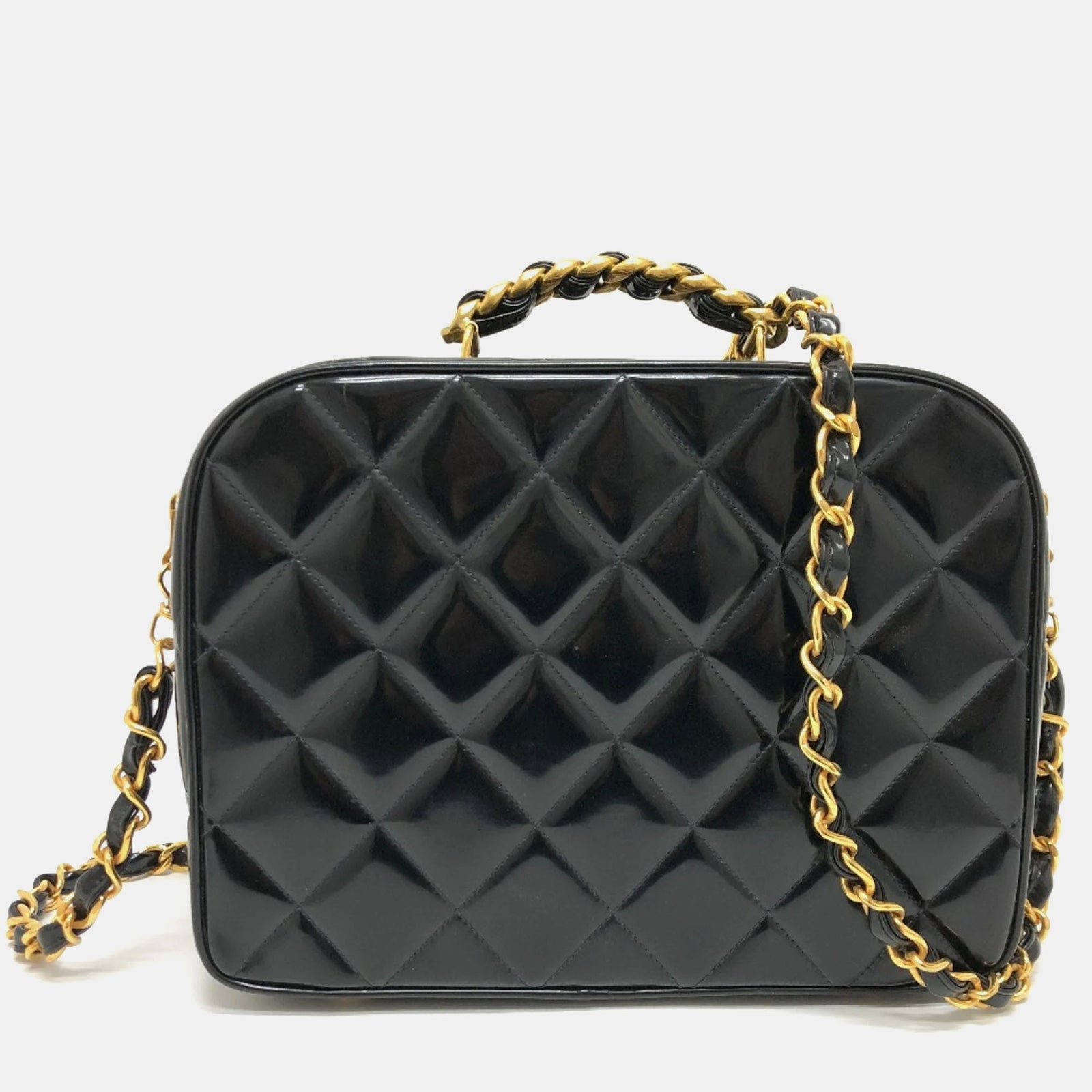 Chanel Sac à bandoulière vintage en cuir verni noir pour boîte à lunch