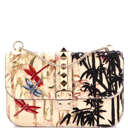 VALENTINO GARAVANI Glam Lock Shoulder Bag Embroidered Leather Medium