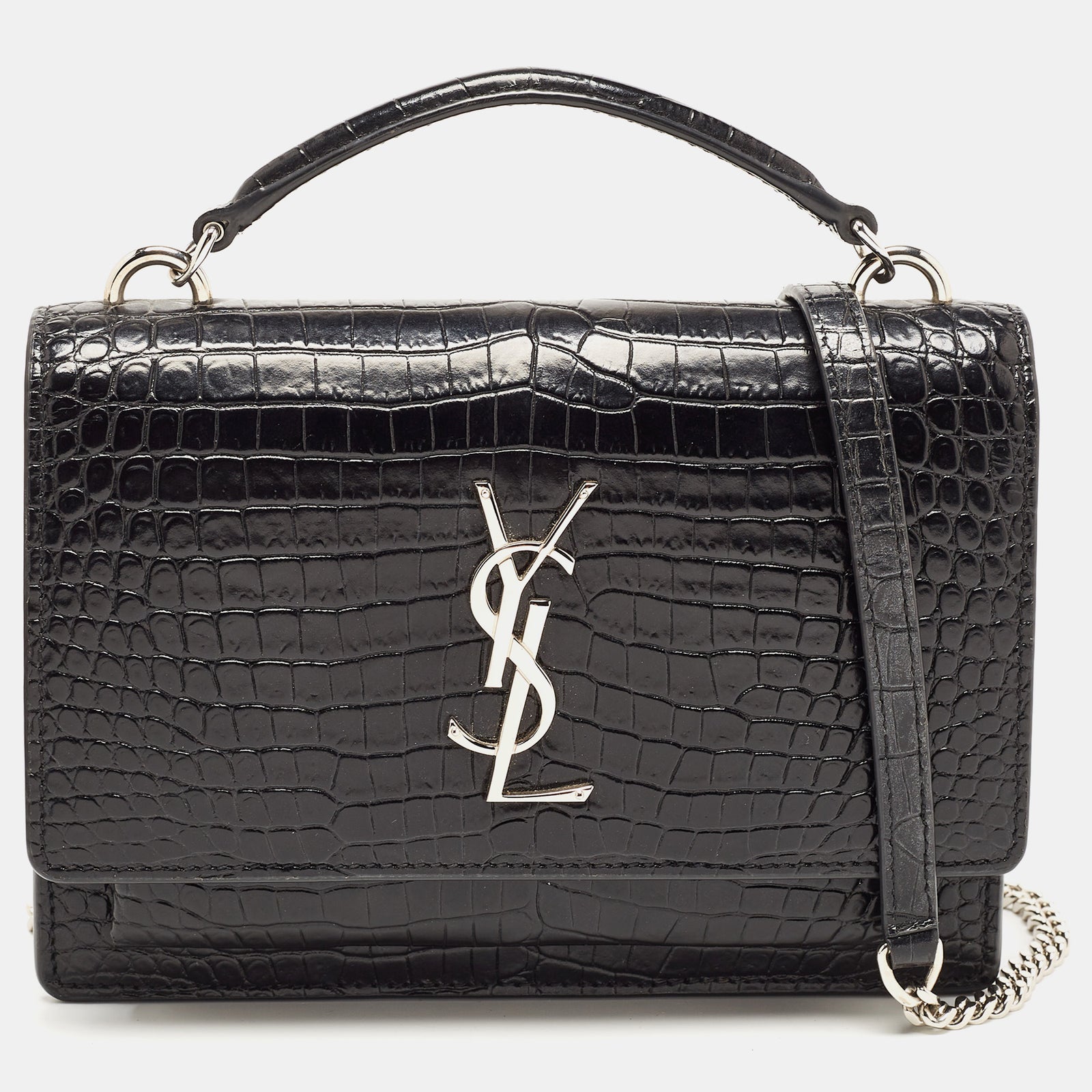 Saint Laurent Paris Saint Laurent Black Croc Embossed Leather Sunset Chain Wallet Bag