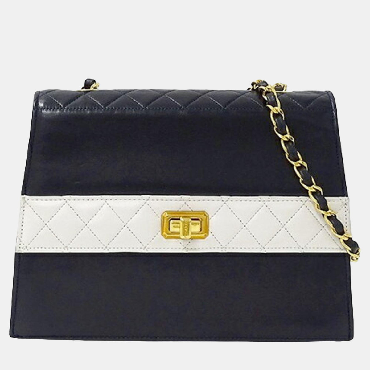 Chanel Navy Blue/White Leather Trapezoid Shoulder Bag