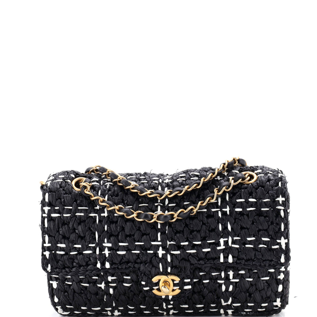 Chanel CHANEL CC Chain Flap Bag Tweed Effect Braided Raffia Medium