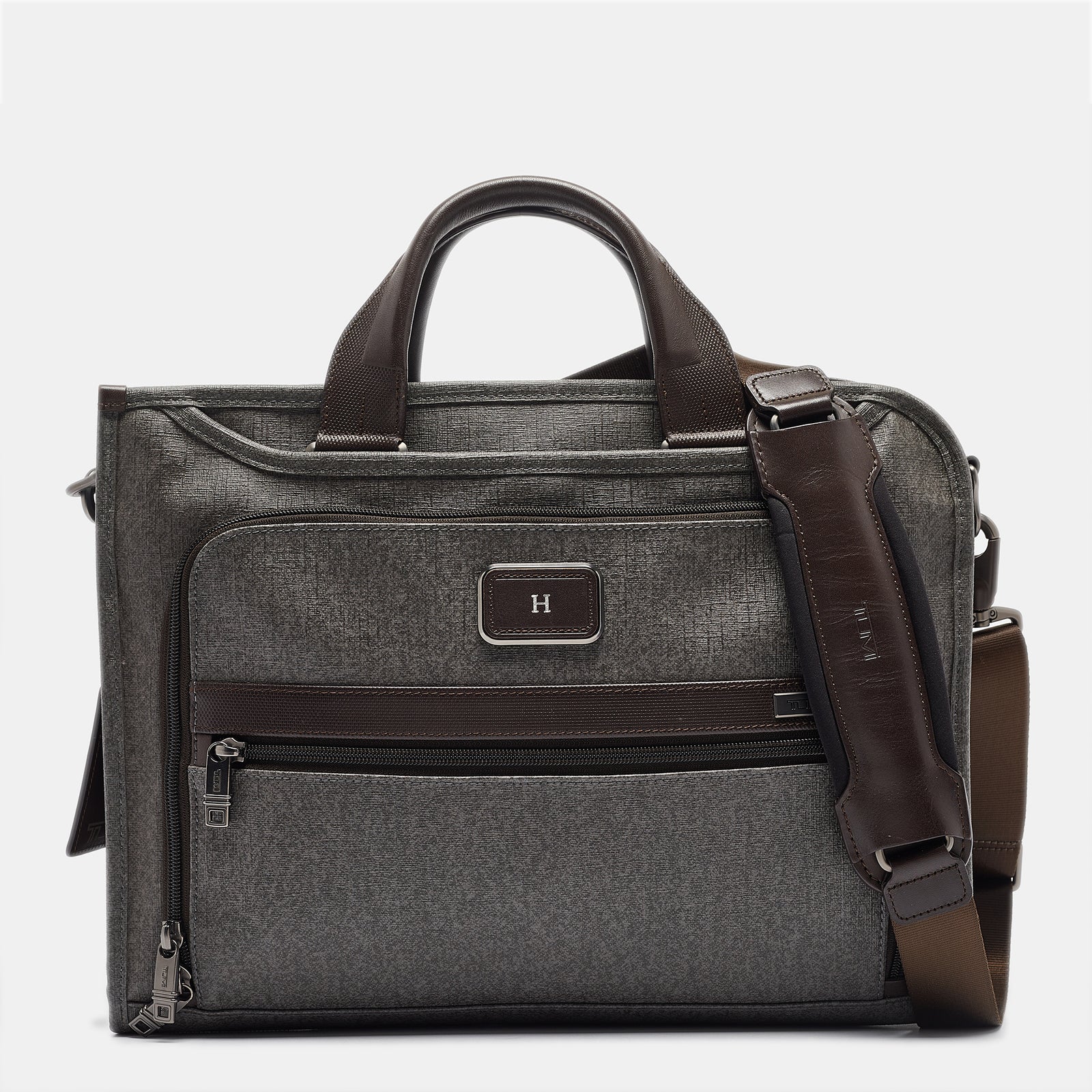 Tumi Grey/Brown Coated Canvas and Leather Alpha 2 Slim Deluxe Portfolio Bag