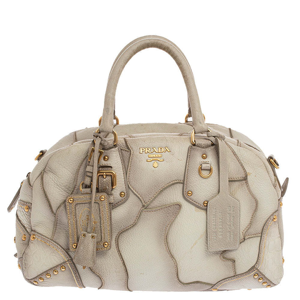 Prada White Ombre Deerskin Leather, Croco and Lizard Trim Patchwork Cervo Bowler Bag