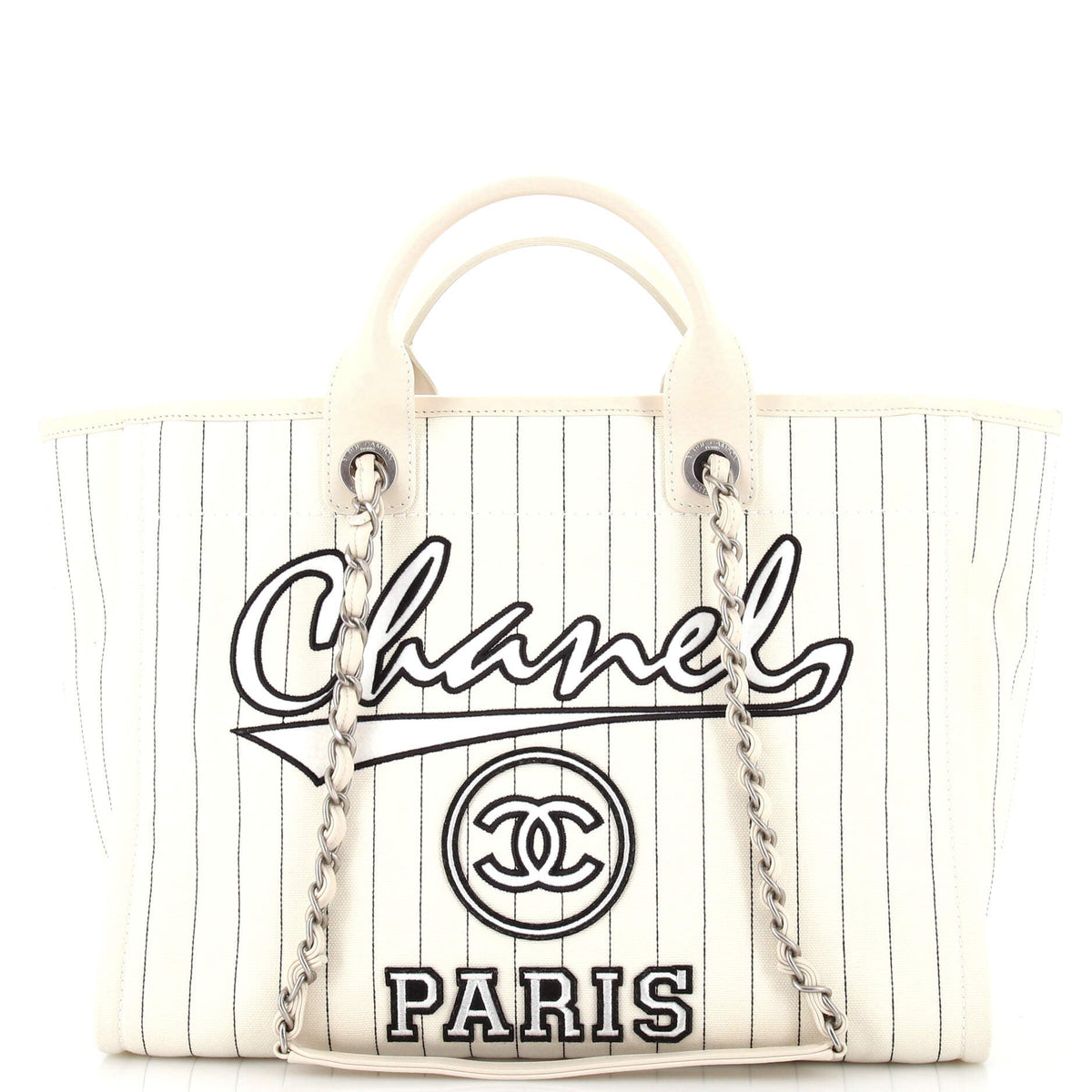 Chanel CHANEL Deauville Tote Pinstripe Cotton Medium