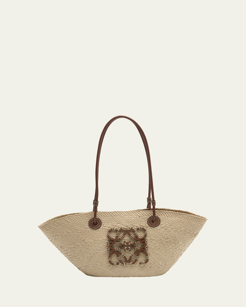 x Paula's Ibiza Anagram Small Basket Bag in Iraca Palm with Leather Handles