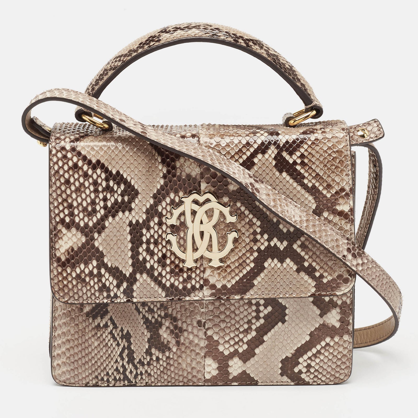 Roberto Cavalli Brown/Beige Python RC Flap Top Handle Bag