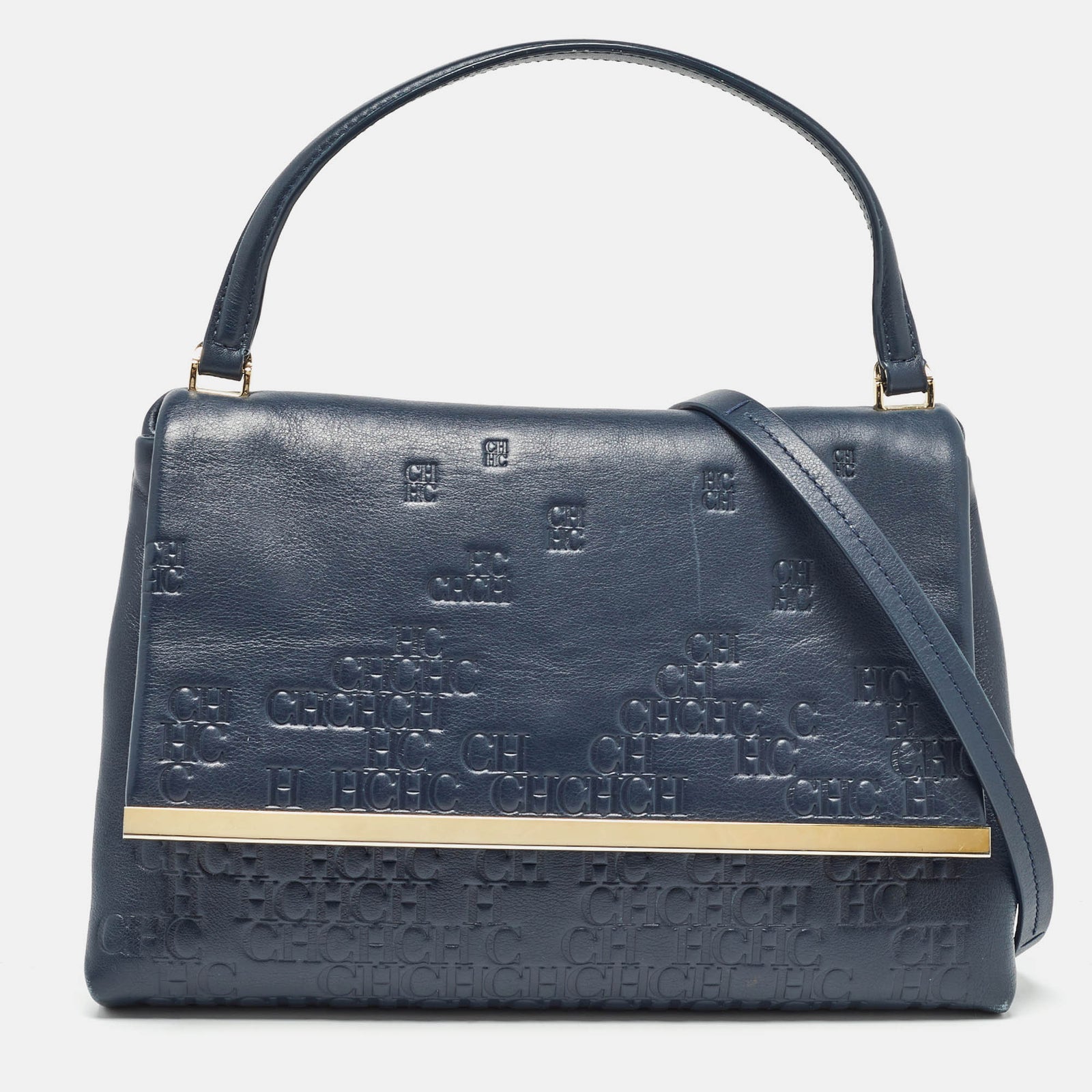 Ch Carolina Herrera Navy Blue Monogram Embossed Leather Flap Top Handle Bag