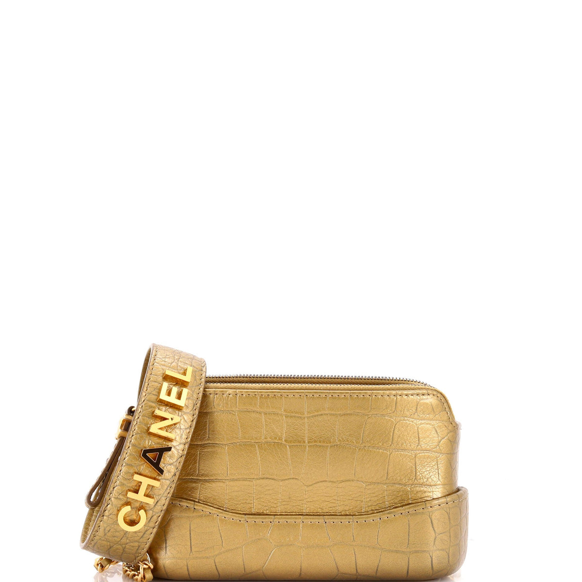 Chanel CHANEL Gabrielle Logo Handle Double Zip Clutch with Chain Crocodile Embossed Calfskin
