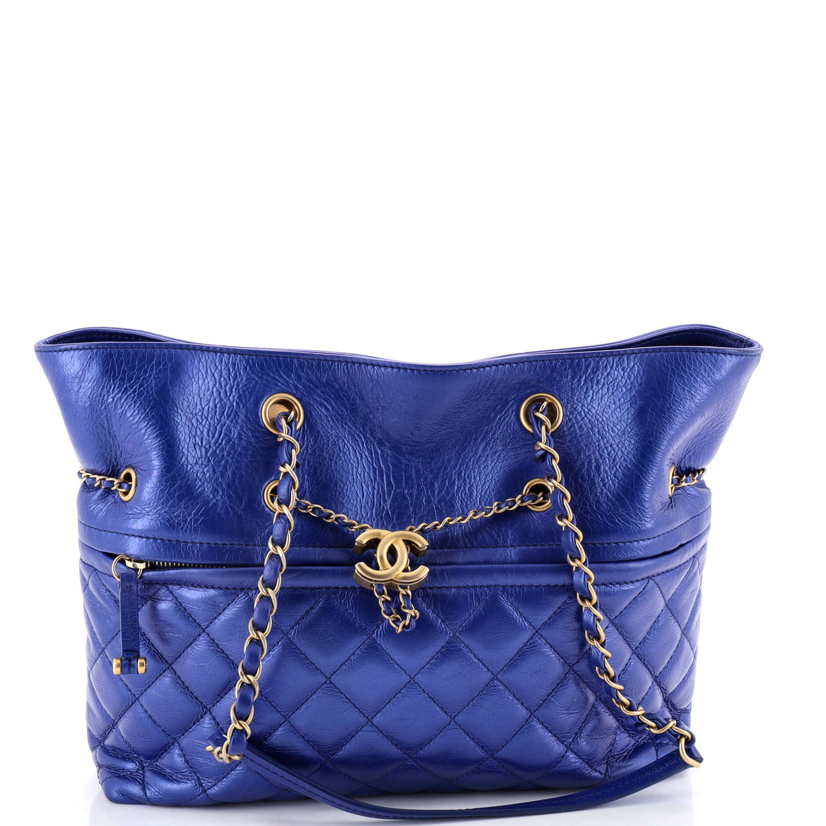 Chanel CHANEL Front Zip CC Drawstring Chain Tote Quilted Calfskin Medium
