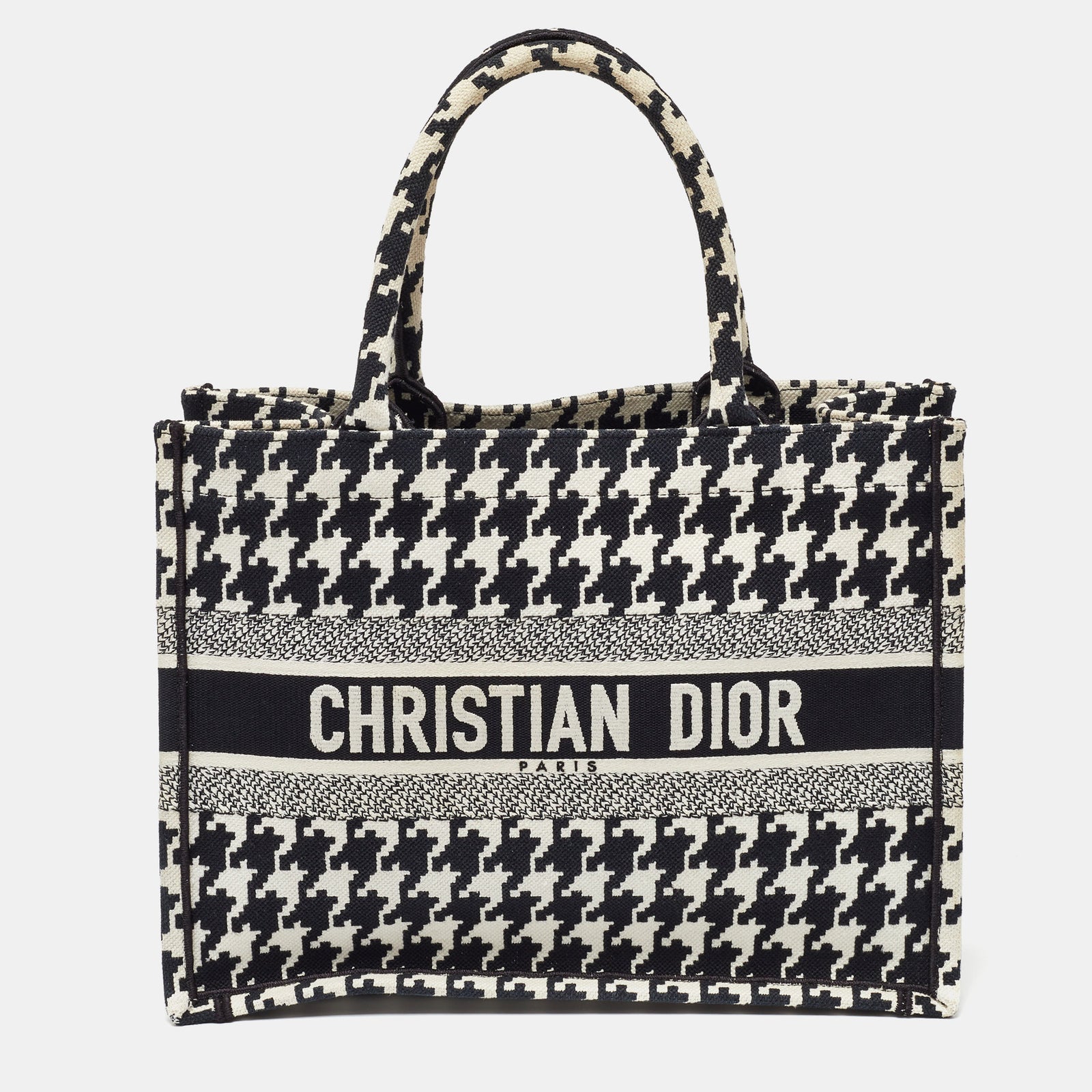 Dior Mittelgroße Tragetasche aus Canvas mit Hahnentrittmuster und Stickereien in Schwarz/Weiß