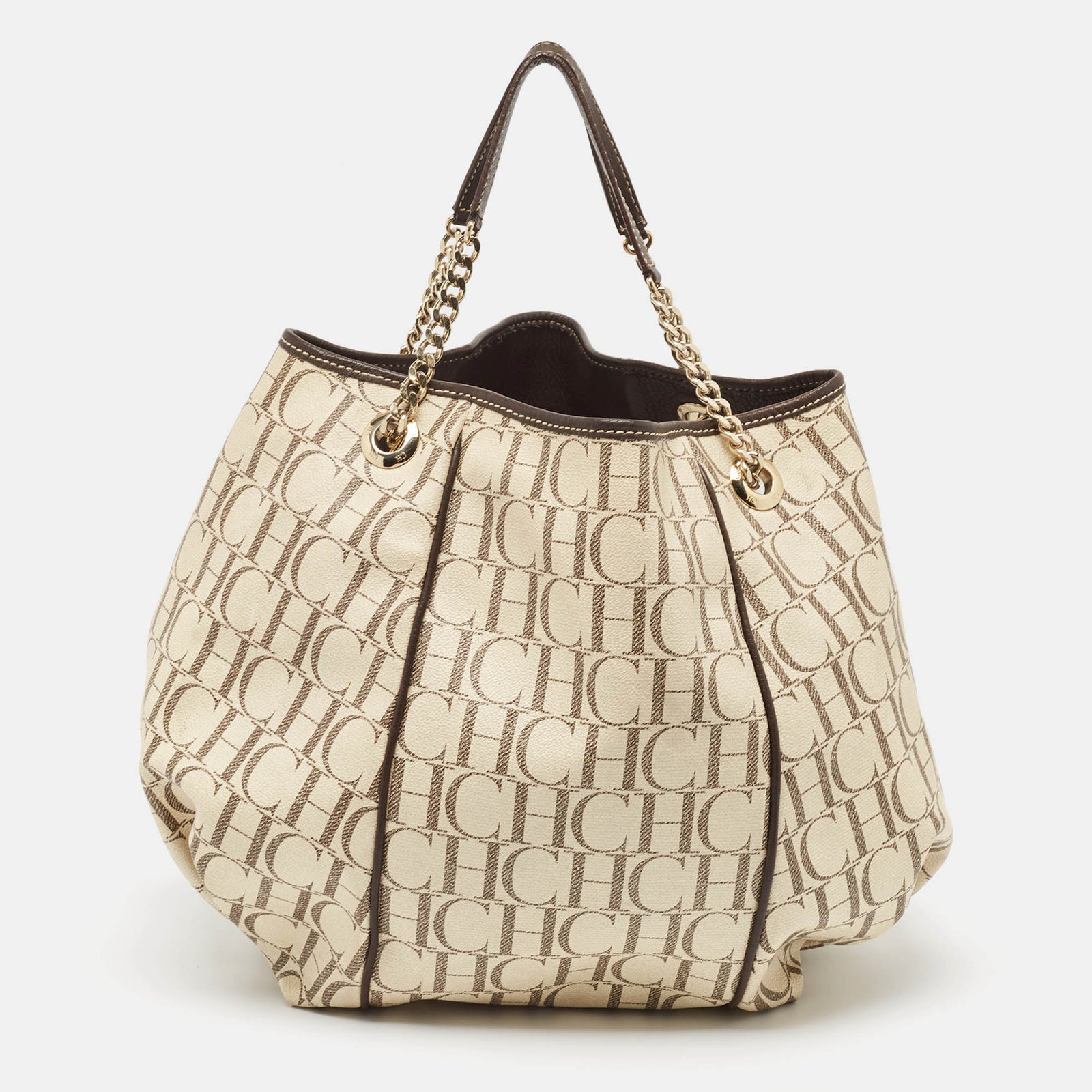 Carolina Herrera Cream/Brown Monogram Coated Canvas and Leather Chain Hobo