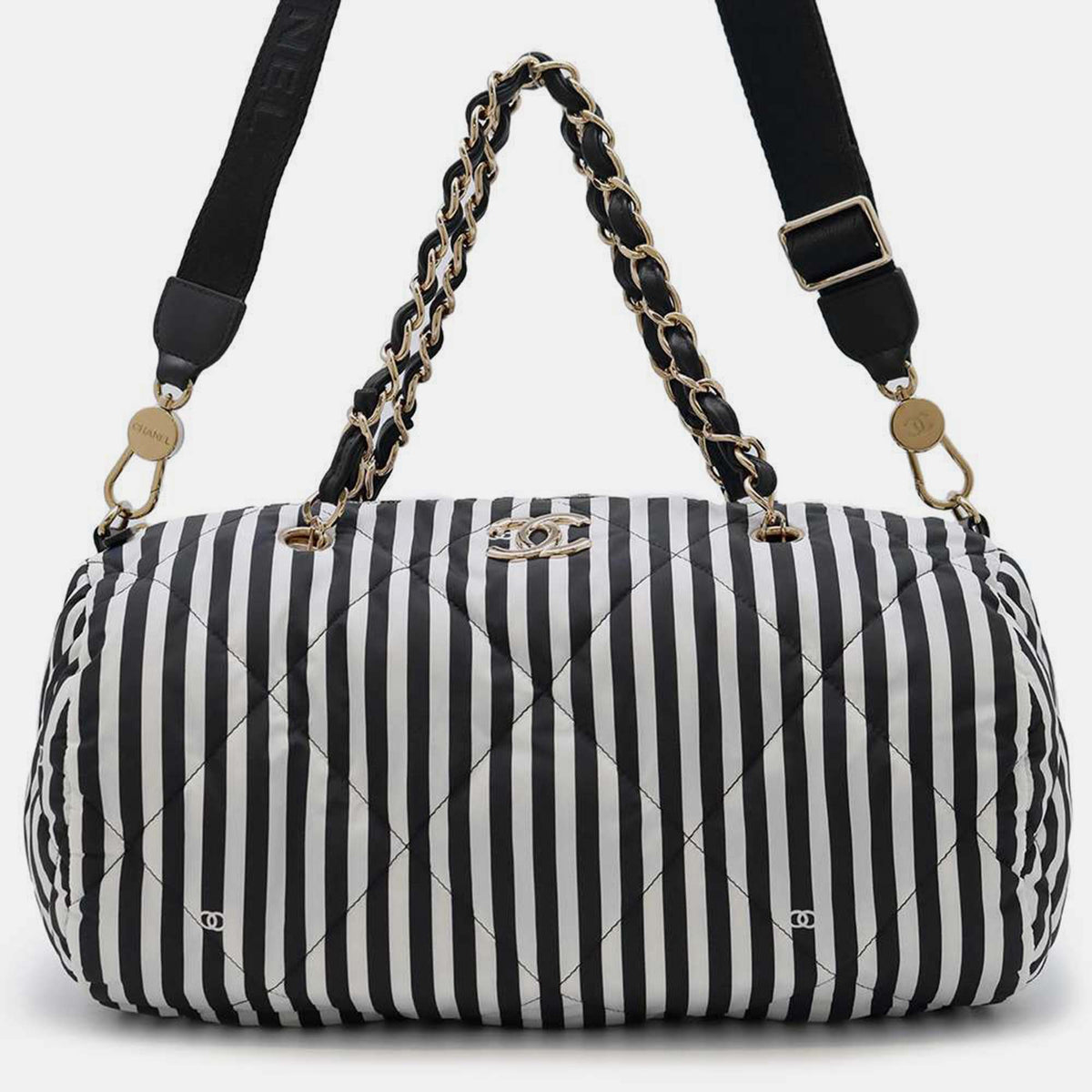 Chanel White/Black Nylon Striped Bowling Bag Large