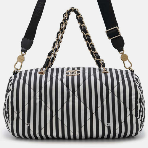 White/Black Nylon Striped Bowling Bag Large
