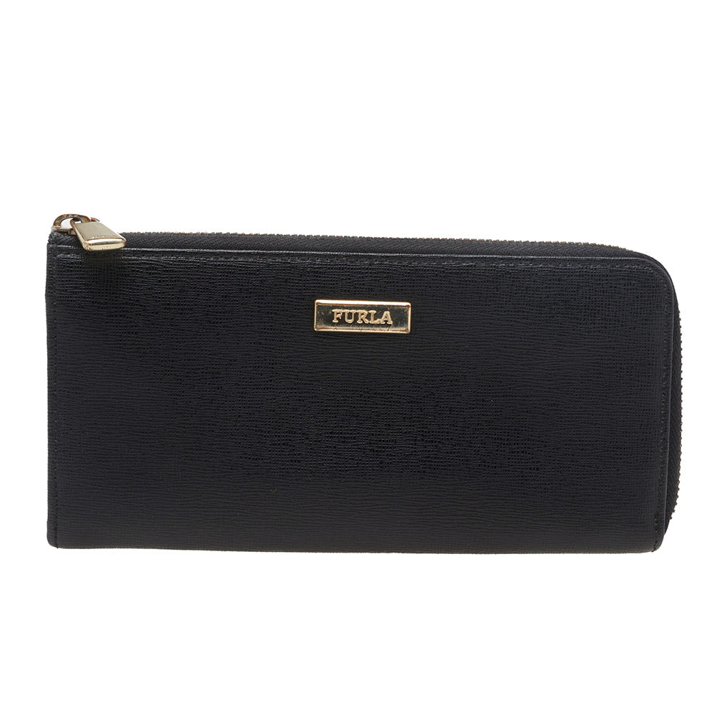 Furla Black Leather Zip Around Wallet