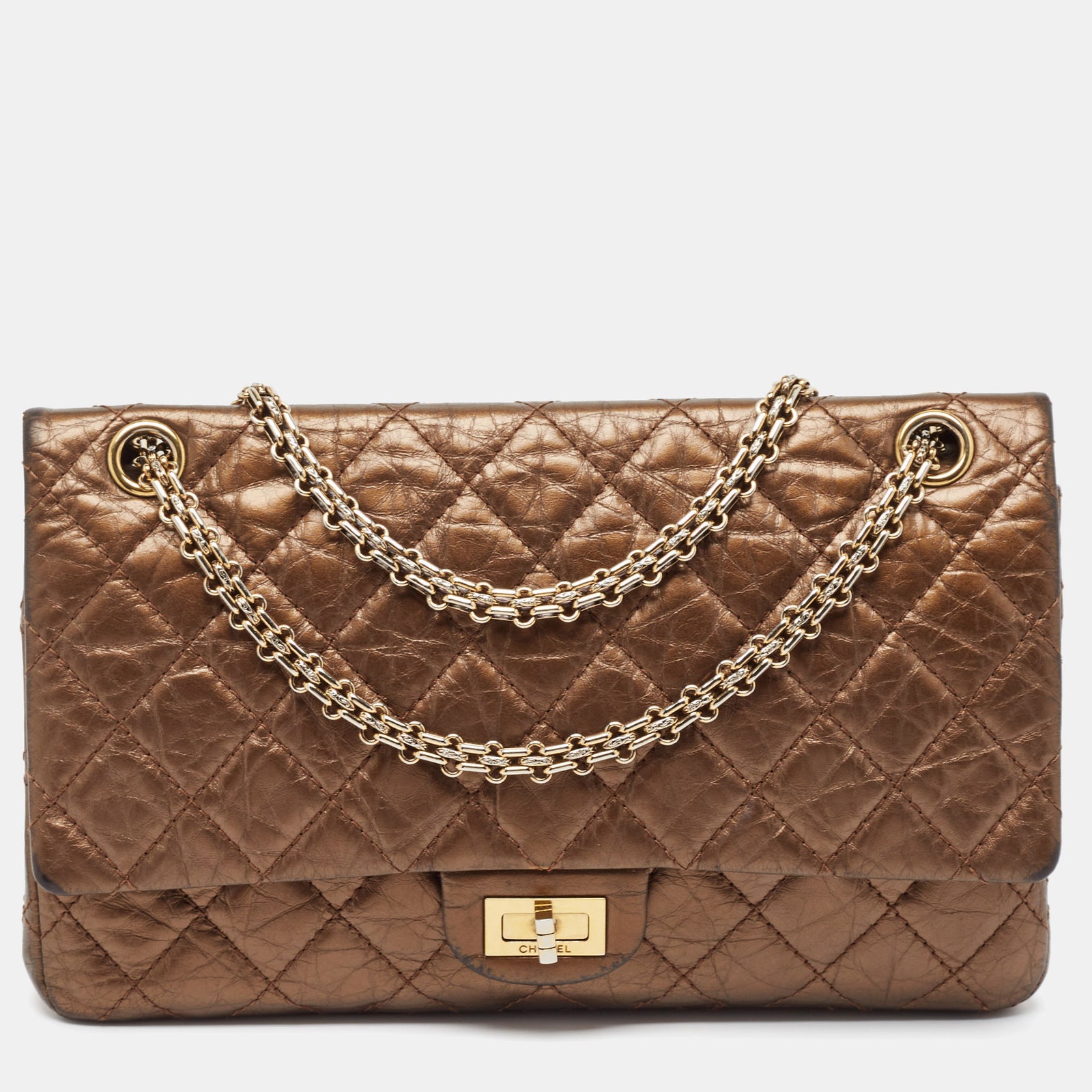 Chanel Metallic-braune, gesteppte, gealterte Leder-Neuauflage 2.55 Classic 226 Flap Bag