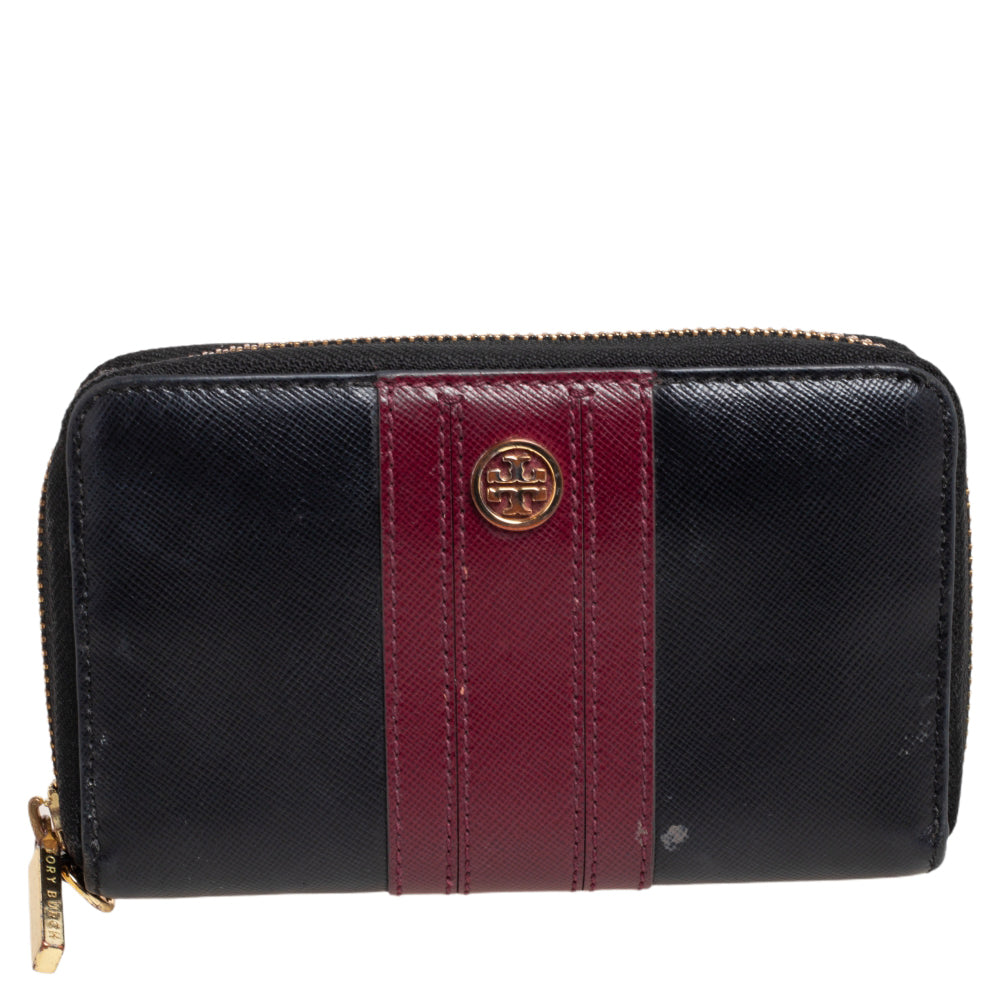 Tory Burch Black/Burgundy Saffiano Leather Zip Around Wallet