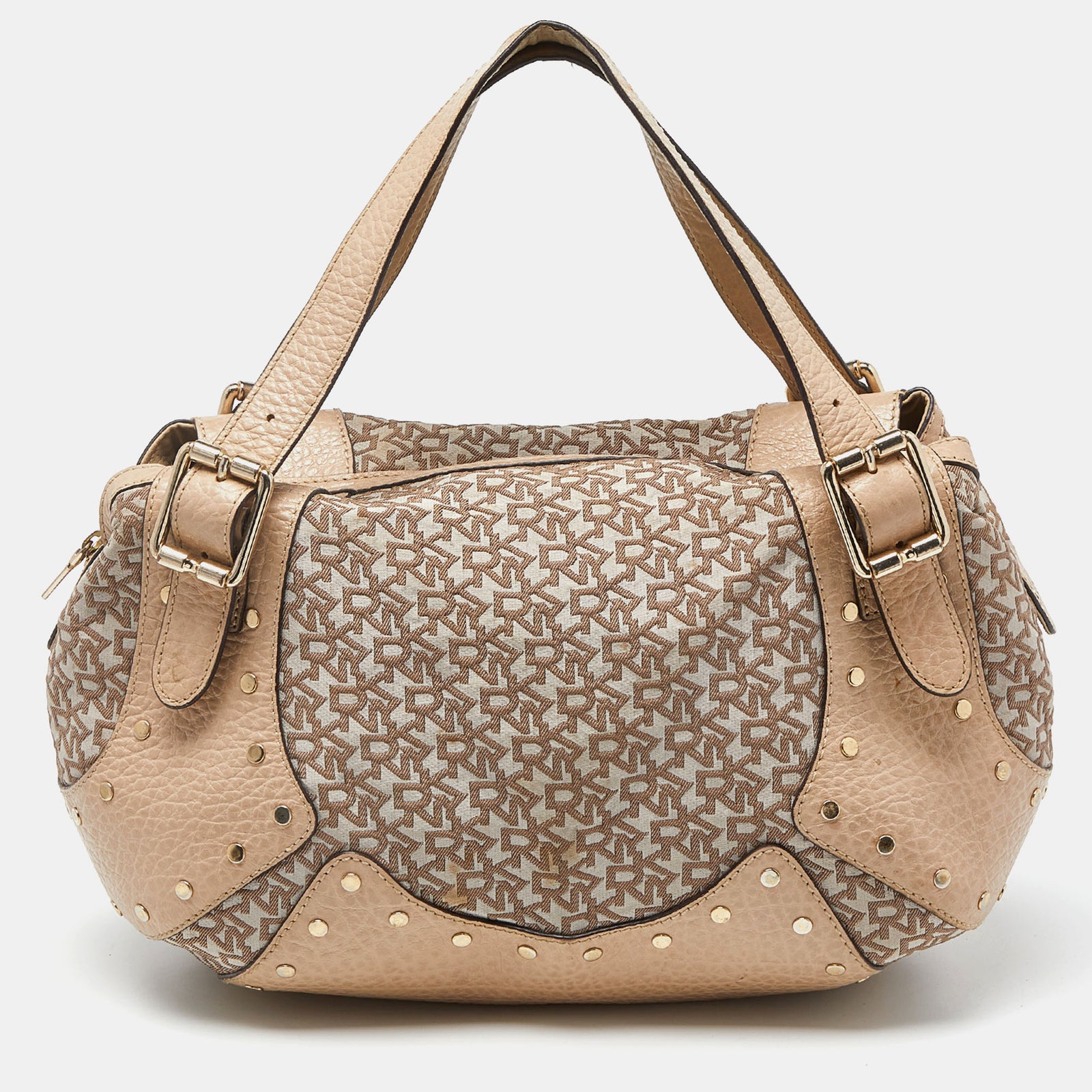 DKNY DKNY Beige Signature Canvas and Leather Studded Hobo